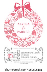 Wedding invitation card with icons ,symbols,bow,swirling frame.Wreath composition with bow.Set of  wedding items,pink silhouette.Vintage vector.Holiday infographics,background, card,.