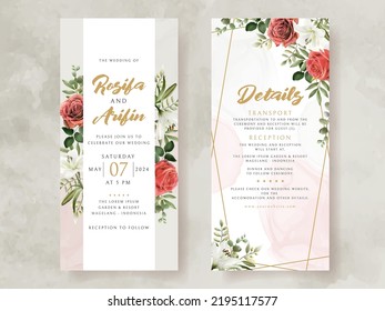 wedding invitation card with illustration of lily and roses watercolor