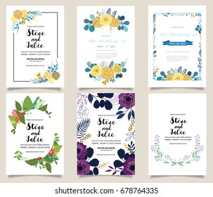 Wedding invitation card illustration set. Flower vector hand draw design collection.