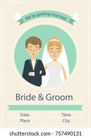 Wedding invitation card with illustrations og brie and groom and text area