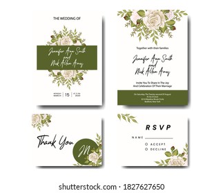 wedding invitation card include rsvp and thank you card with rose and green leaf