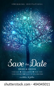 Wedding invitation card.  Inspiration card for wedding, date, birthday, tea party. Magic tree with lights 