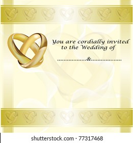 A wedding invitation card with intertwined gold rings and room for text