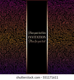 Wedding invitation or card , intricate doodle tracery with gold frame place for text. Royal purple, lilac and pink shades, Islam, Arabic, Indian, Dubai