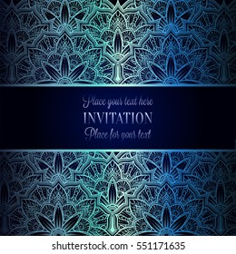Wedding invitation or card , intricate lace mandala. Royal blue shades, Islam, Arabic, Indian Dubai