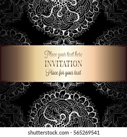 Wedding invitation or card , intricate mandala background. Metal silver and black, Islam, Arabic, Indian, Dubai background, fashion design with place for text.