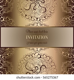 Wedding invitation or card , intricate mandala background. Metal gold and beige, Islam, Arabic, Indian, Dubai background, fashion design with place for text.