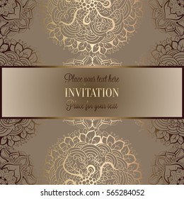 Wedding invitation or card , intricate mandala background. Metal gold and beige, Islam, Arabic, Indian, Dubai background, fashion design with place for text.