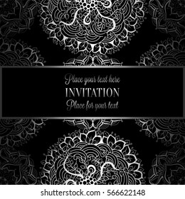 Wedding invitation or card , intricate mandala background. Metal silver and black, Islam, Arabic, Indian, Dubai background, fashion design with place for text.