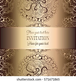Wedding invitation or card , intricate mandala background. Metal gold and beige, Islam, Arabic, Indian, Dubai background, fashion design with place for text.