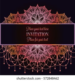 Wedding invitation or card , intricate mandala with beads background. Pink shades and black design, Islam, Arabic, Indian, Dubai background, fashion template with place for text.