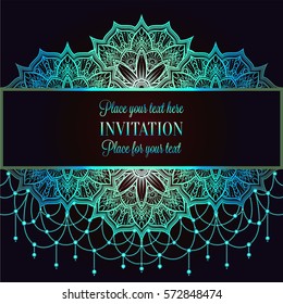 Wedding invitation or card , intricate mandala with beads background. Mint green, blue and black design, Islam, Arabic, Indian, Dubai background, fashion template with place for text.