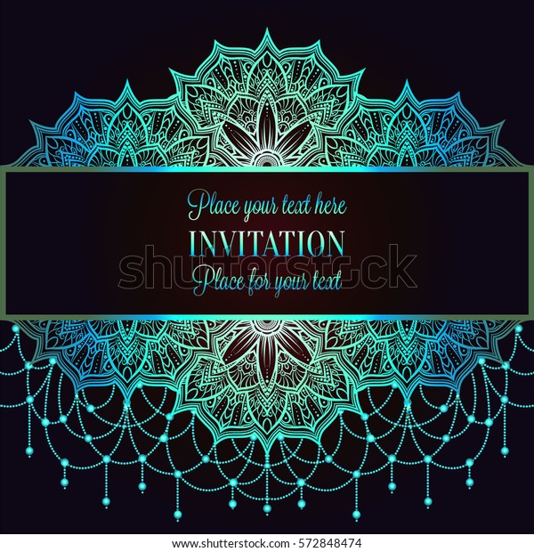 Wedding\
invitation or card , intricate mandala with beads background. Mint\
green, blue and black design, Islam, Arabic, Indian, Dubai\
background, fashion template with place for\
text.
