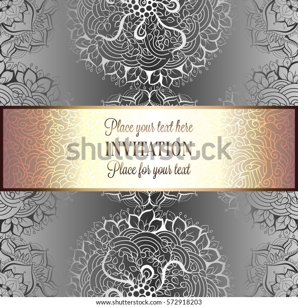Wedding invitation or card , intricate\
mandala background. Metal silver and black, Islam, Arabic, Indian,\
Dubai background, fashion design with place for\
text.
