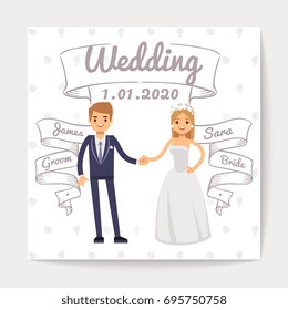 Wedding invitation card with just married young couple and them names on hand drawn ribbons vector template. Wedding invitation couple woman and man illustration
