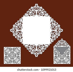 Wedding invitation card with lace angular frame at vintage style. Laser cut template of openwork vector silhouette. Envelope with ornate abstract ornament. Decorative design pattern for holiday party.