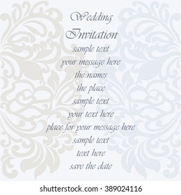 Wedding Invitation card with lace ornament. Serenity and silver color. Vector