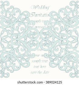 Wedding Invitation card with lace ornament. Opal blue color. Vector