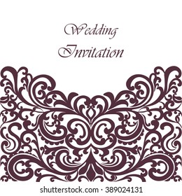 Wedding Invitation card with lace ornament. Purple Fig color. Vector