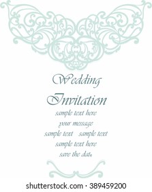 Wedding Invitation card with lace ornament. Opal blue color. Vector