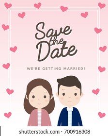Wedding invitation card layout with cute couple smiling. Pink Background  and mini heart around the frame.