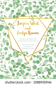 Wedding invitation card with leaves and eucalyptus branches with golden triangular design and hexagonal frame isolated on white background. Vertical
