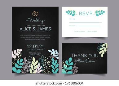wedding invitation card, leaves on the blackboard