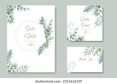 Wedding invitation card with leaves watercolor