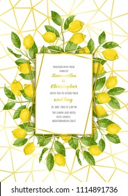 Wedding invitation card with lemon brunches in watercolor style and gold frame on geometric golden background. Fashion A4 mock up, template for greeting, birthday cards, posters with text place.