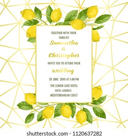 Wedding invitation card with lemon brunches in watercolor style and gold frame on geometric golden background. Fashion mock up, template for greeting, birthday cards, posters with text place.