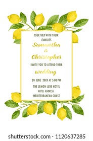 Wedding invitation card with lemon brunches in watercolor style and golden frame on white background. Fashion A4 mock up, template for greeting, birthday cards, posters with text place.