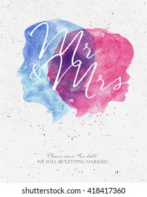 Wedding invitation card lettering mr & mrs drawing with watercolor male and female silhouettes on dirty paper background