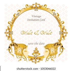 Wedding invitation card for LGBT couple decorated with taurus angel and aries angel in Golden frame. 