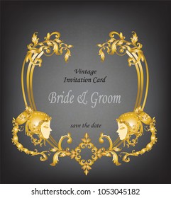   Wedding invitation card for LGBT couples decorated with two angels faces in vintage Victorian elements on dark background.