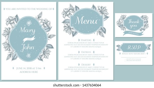 Wedding invitation card with light blue gentiana