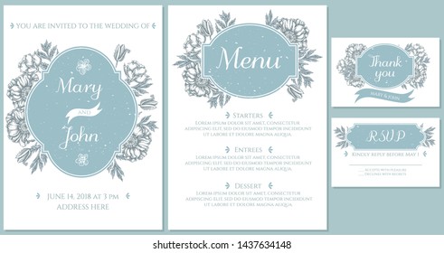 Wedding invitation card with light blue poppy flower
