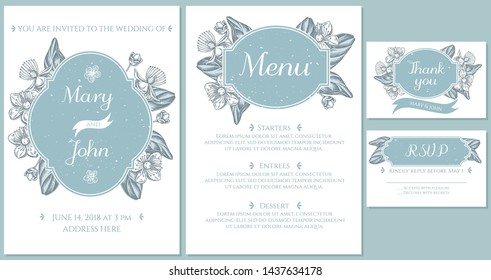 Wedding invitation card with light blue hypericum