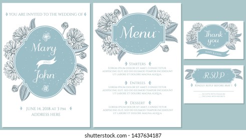 Wedding invitation card with light blue calendula