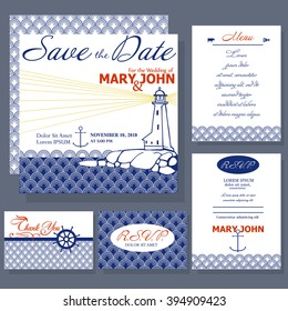 Wedding invitation card with lighthouse in white and blue colors. Ocean and Nautical motive. RSVP and menu card