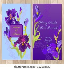 Wedding invitation card with lilac, violet, purple iris flower and lace background. Iris bouquet  hand drawn vector illustration. Printable vertical design backgrounds set. Save the date text place. 