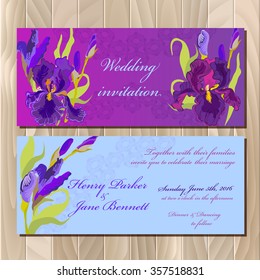 Wedding invitation card with lilac, violet, purple iris flower and lace background. Iris bouquet  hand drawn vector illustration. Printable horizontal design backgrounds set. Save the date text place.