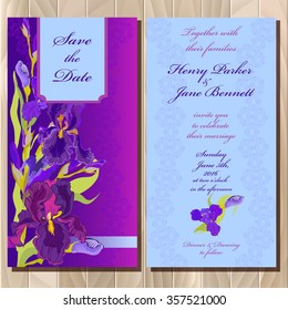 Wedding invitation card with lilac, violet, purple iris flower and lace background. Iris bouquet  hand drawn vector illustration. Printable vertical design backgrounds set. Save the date text place. 