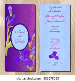 Wedding invitation card with lilac, violet, purple iris flower and lace background. Iris bouquet  hand drawn vector illustration. Printable vertical design backgrounds set. Save the date text place. 
