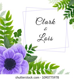 Wedding invitation card. Lovely vector template. card design with violet anemone flower, forest greenery ferns, plants, green leaves.
