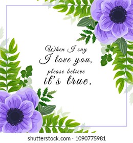 Wedding invitation card. Lovely vector template. card design with violet anemone flower, forest greenery ferns, plants, green leaves.