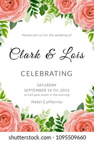 Wedding invitation card. Lovely vector template. card design with rose flower, forest greenery ferns, plants, green leaves.