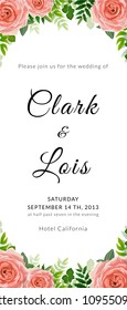 Wedding invitation card. Lovely vector template. card design with rose flower, forest greenery ferns, plants, green leaves.