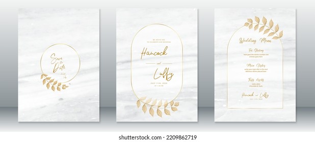 Wedding invitation card luxury design template with gold frame and white marble background
