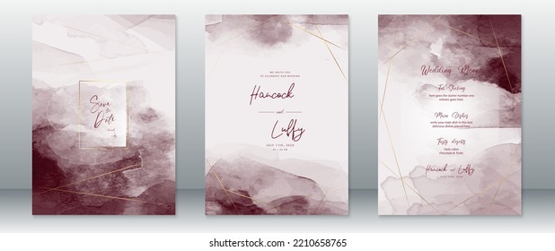 Wedding Invitation Card Luxury Design Template With Gold Lines And Deep Red Watercolor Background