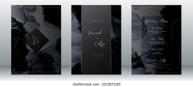 Wedding invitation card luxury design template with gold frame and dark background